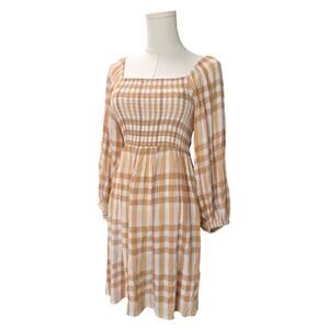 BILLABONG Ivory/Beige Checkered Smocked Long Sleeve Dress